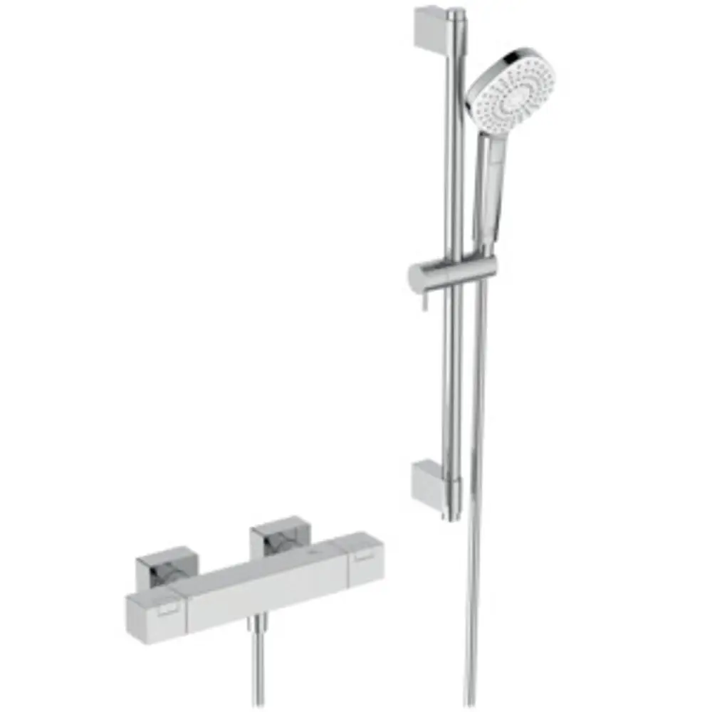 Brausekombination von Ideal Standard mit Handbrause, Halterung und Thermostat in Chromoptik, montiert an einer Wand.